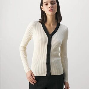 Sandro Gabrielle Black and Cream Ribbed V-Neck Cardigan